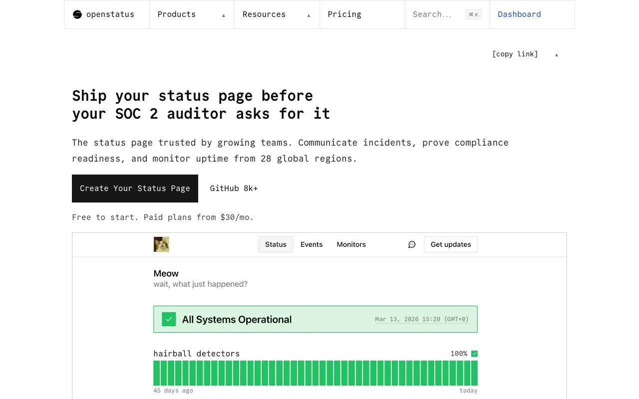 openstatus.dev homepage as captured during this analysis