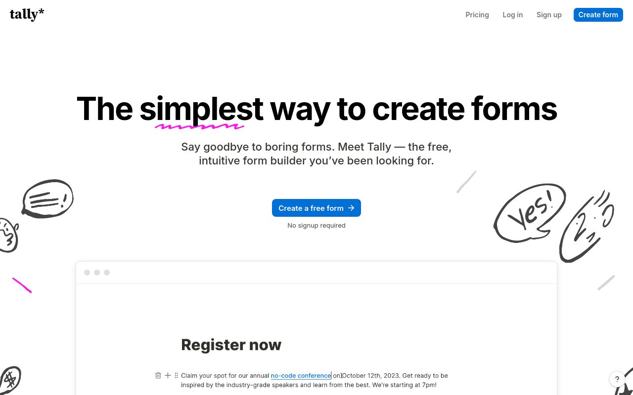 Homepage of tally.so captured during its website growth analysis